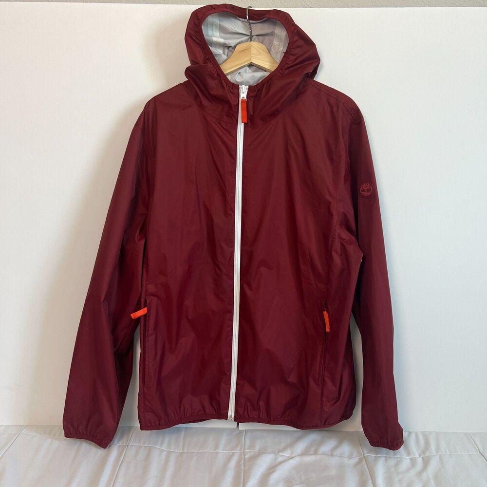 Timberland Men's Waterproof Rain Jacket XL Burgundy Lined Lightweight Packable